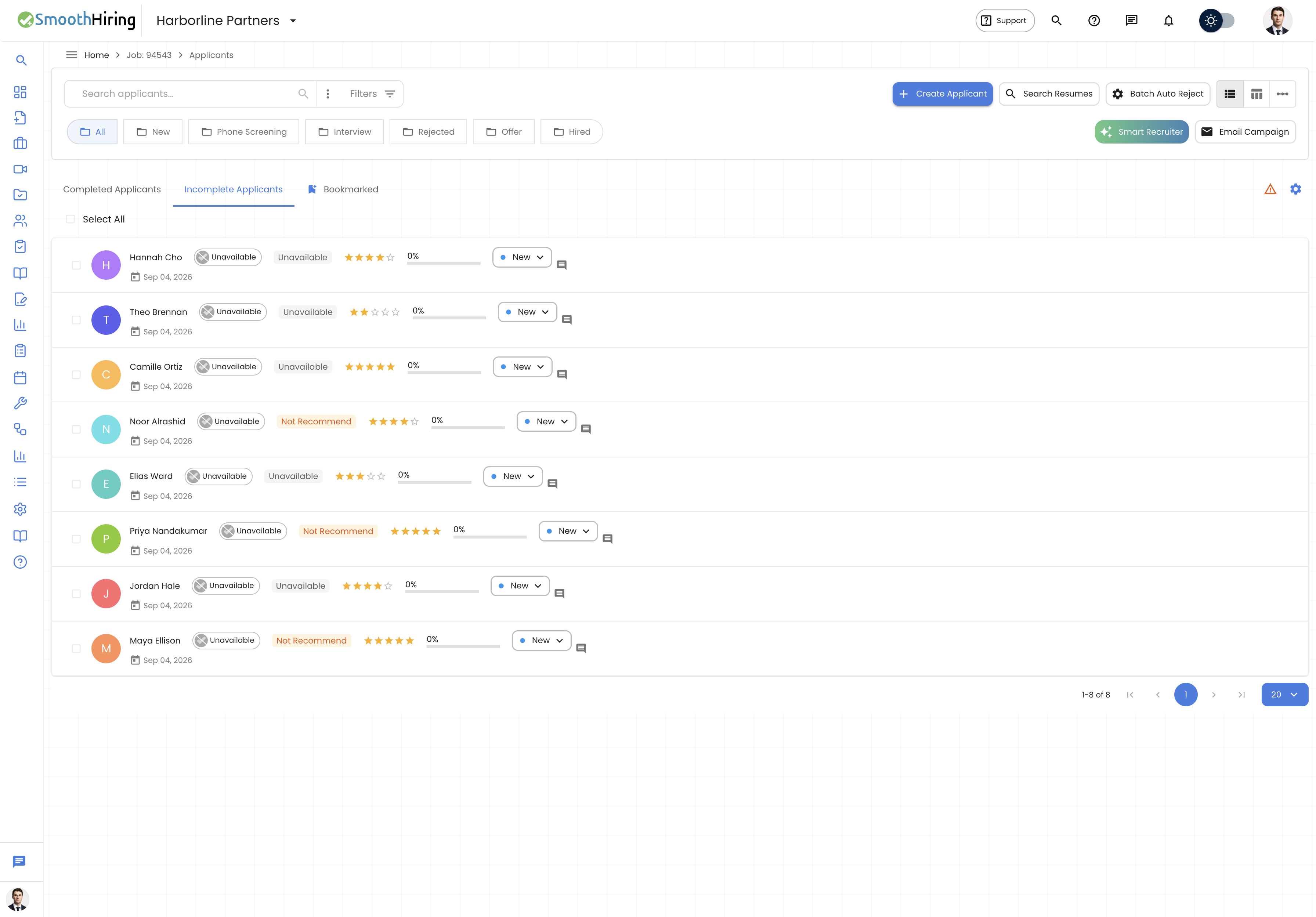 Applicants list view