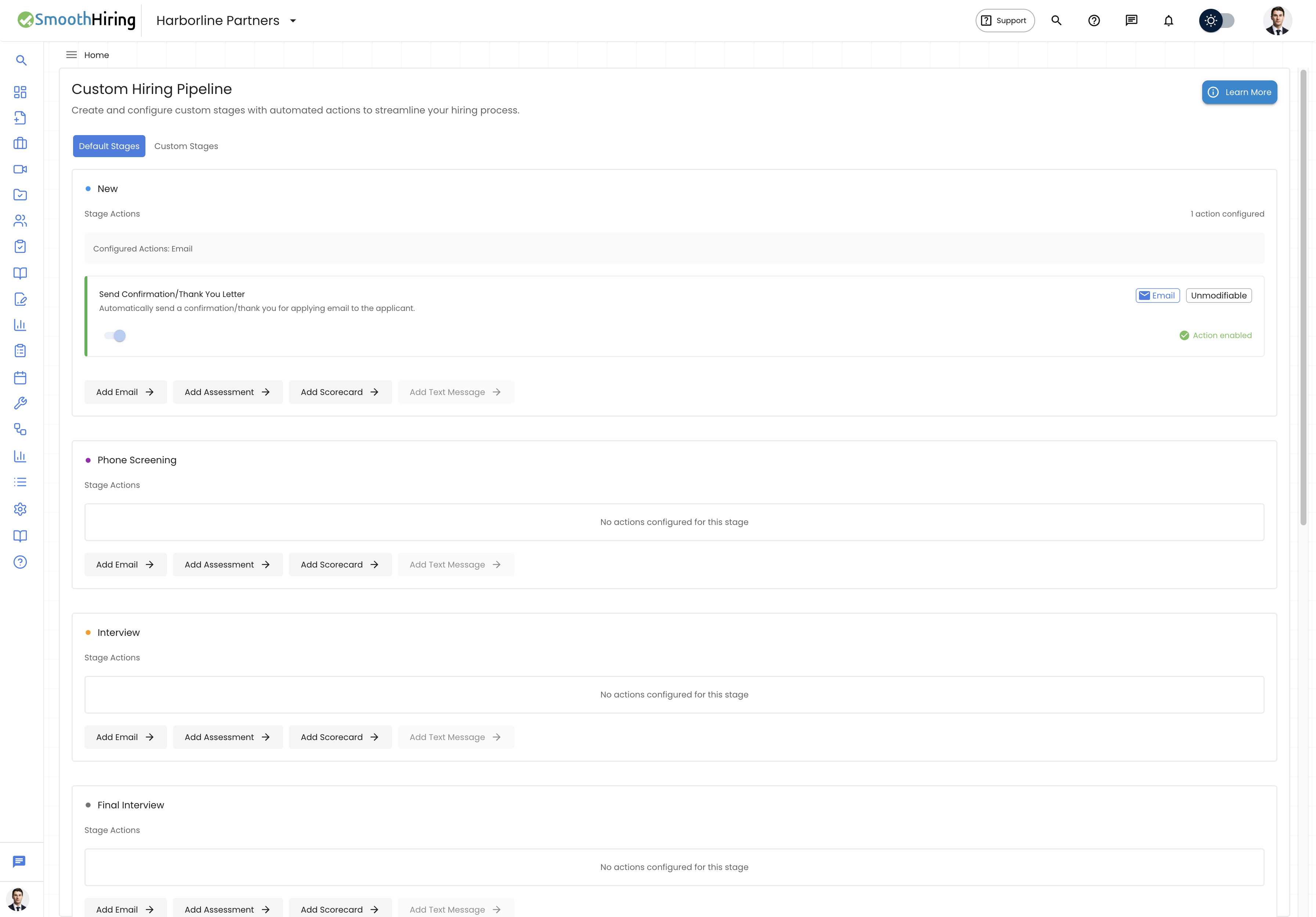 Hiring pipeline stage actions